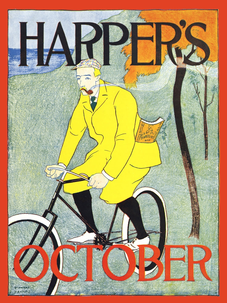 A man riding a bicycle with a magazine in his coat pocket - Edward Penfield poster print.