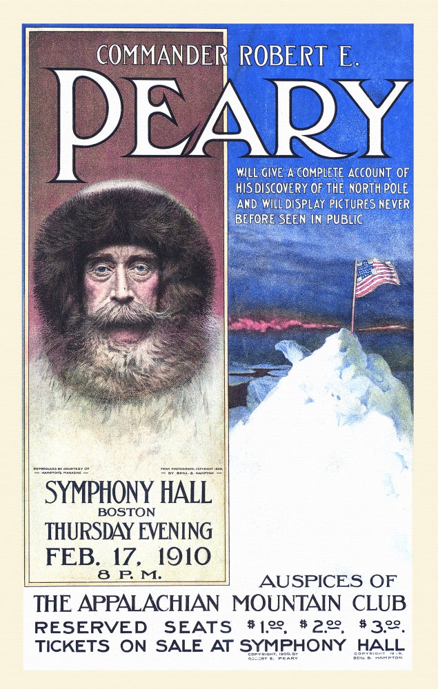 Poster print of a man in a fur-lined hood on an ice mound with the American flag.