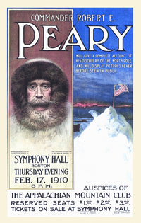 Poster print of a man in a fur-lined hood on an ice mound with the American flag.