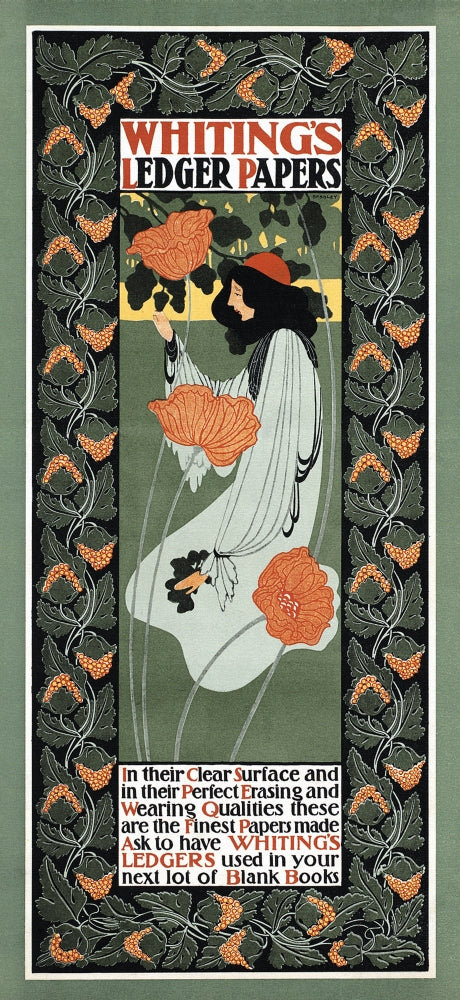 A woman kneeling with flowers in the foreground, poster print