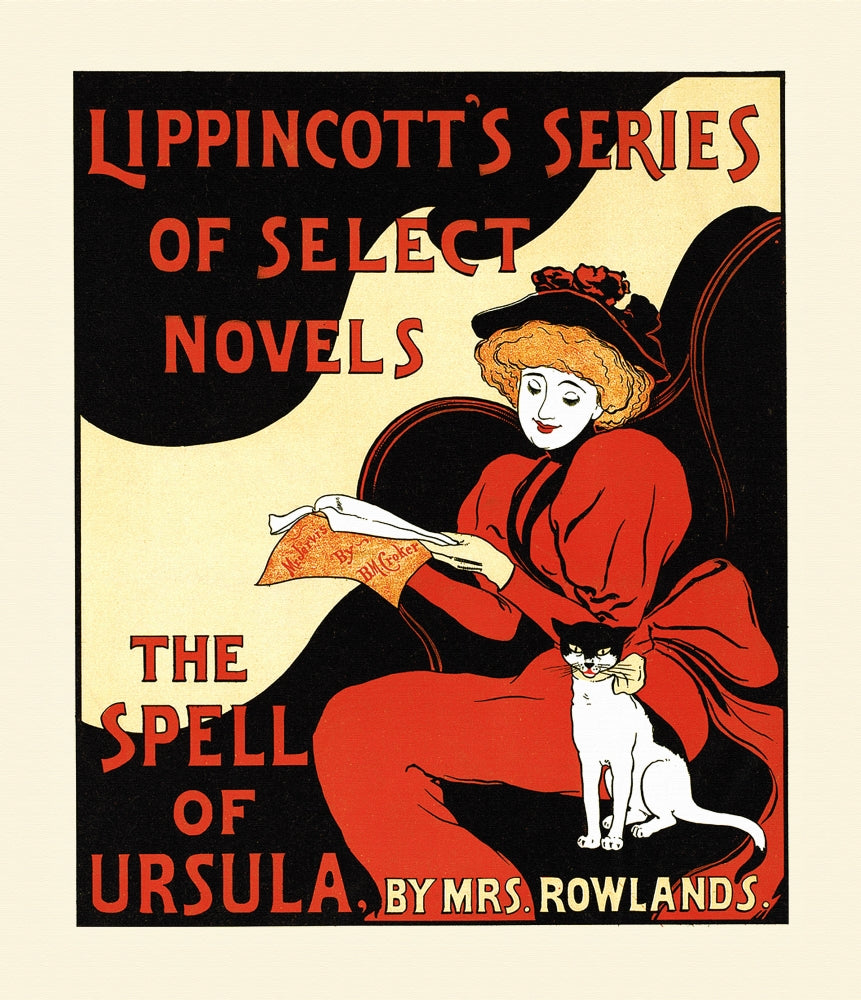 A woman reading a book with a cat sitting beside her, poster print