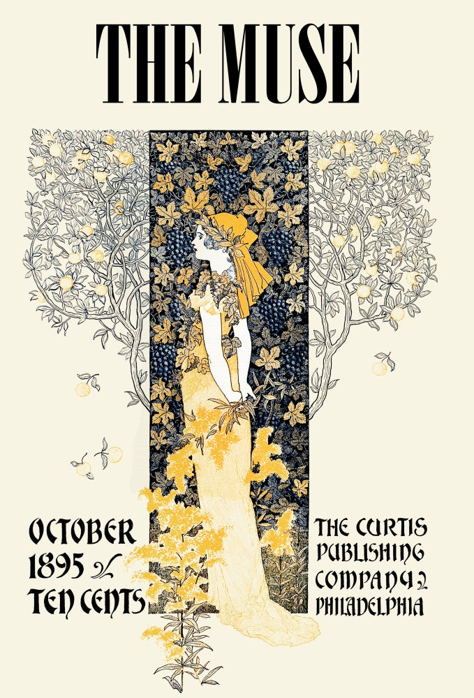 Poster print of a woman standing amidst lush tree leaves.