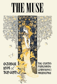 Poster print of a woman standing amidst lush tree leaves.