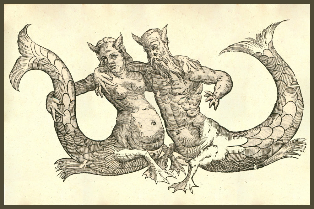 Renaissance woodcut print of merpeople featuring a mermaid and merman.