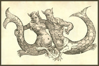 Renaissance woodcut print of merpeople featuring a mermaid and merman.