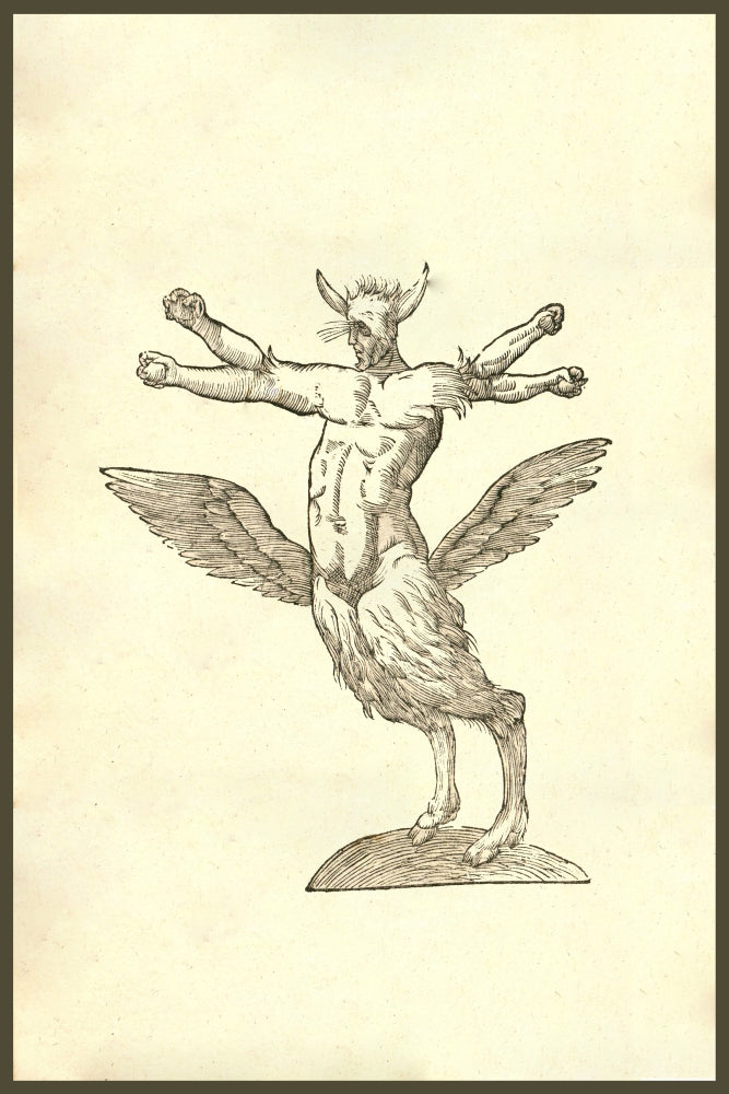 Monstrum Tetrachiron Alatum Capite Humano Aurito Poster Print by Ulisse Aldrovandi, featuring a mythical creature with human and animal characteristics.