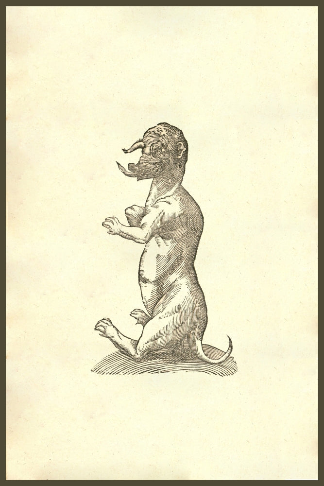 Monstrum ex Regione Betica Hispaniae woodcut print by Ulisse Aldrovandi, featuring a monster with a horn and long tongue.