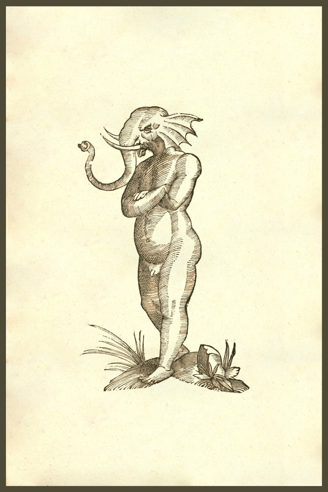 Puer Capite Elephantino poster print by Ulisse Aldrovandi featuring a boy with an elephant's head.