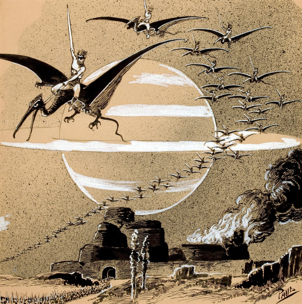 Giant Bird Creatures Poster Print by Frank R. Paul, showcasing men flying on bird-like creatures.