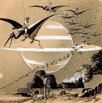 Giant Bird Creatures Poster Print by Frank R. Paul, showcasing men flying on bird-like creatures.