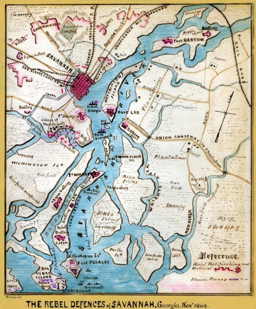 Defense of Savannah Regional Map Print by Robert Knox Sneden, showcasing detailed landscape features.