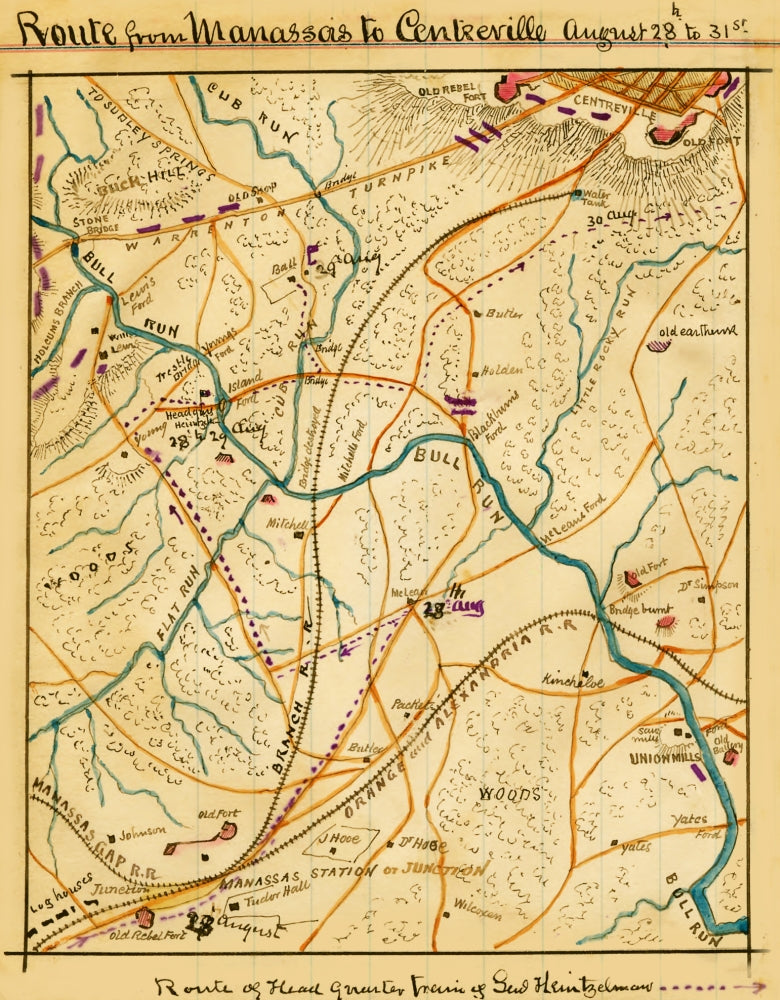 Route from Manassas to Centreville historical map poster print by Robert Knox Sneden.