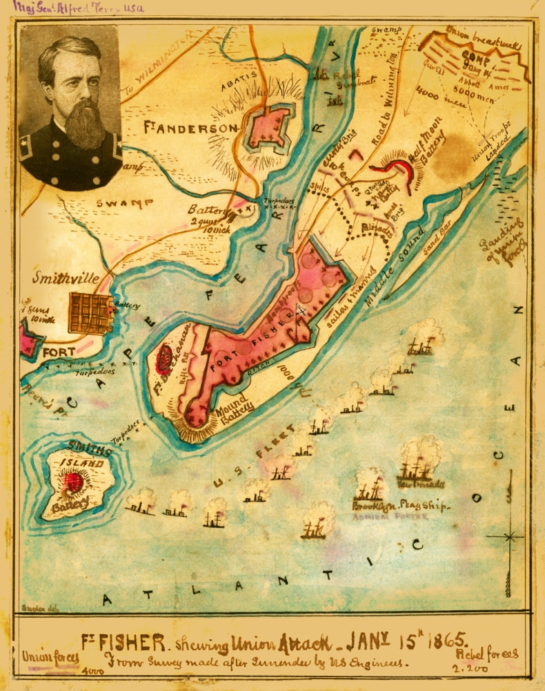Ft. Fisher Union Attack Print by Robert Knox Sneden, depicting the January 15th, 1865 battle.