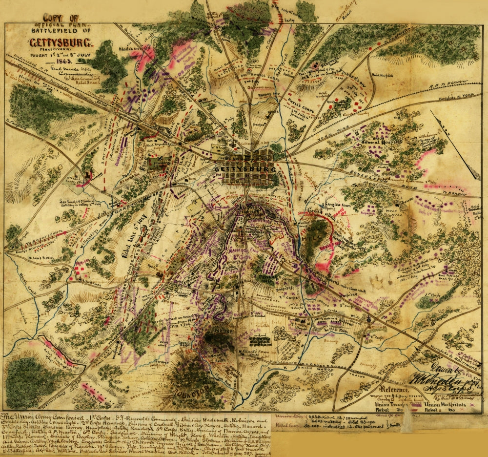 Official Plan of Gettysburg Poster Print by Robert Knox Sneden, historical battle map.