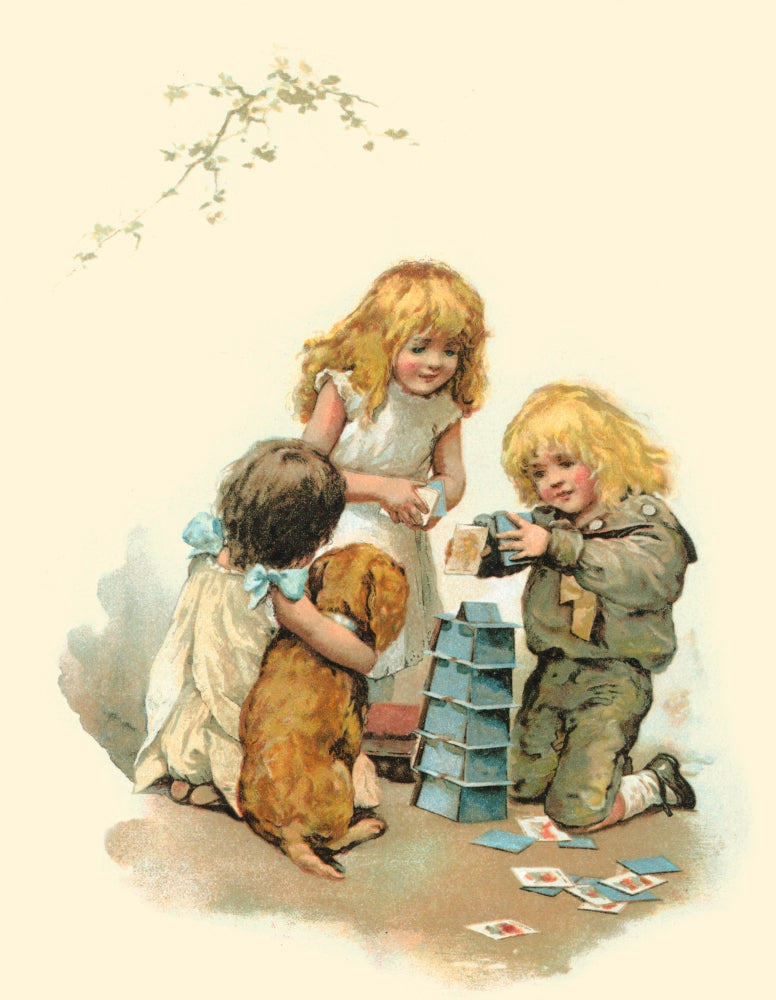 Children building a tower from playing cards poster print