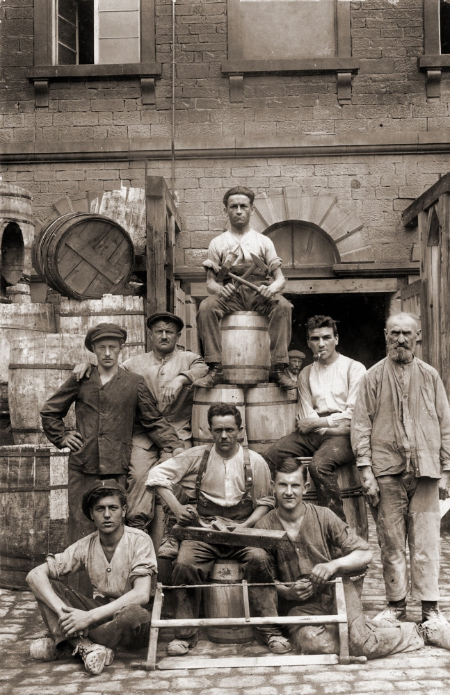 Coopers posing over barrels poster print, rustic decor