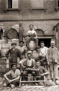 Coopers posing over barrels poster print, rustic decor