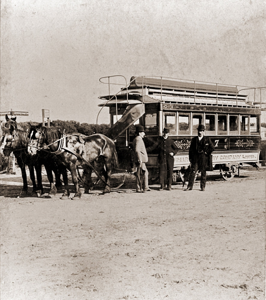 Horse Drawn Tram Service to Cheltenham Poster Print, vintage transport art.