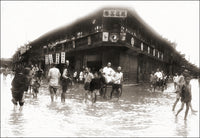 Poster print of people wading in water along the streets in China in front of Great Fortune Tea House.