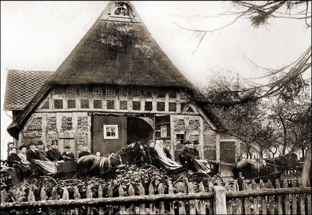 Bride and groom leaving parents' house in horse-drawn carriage poster print.
