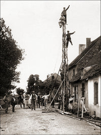 Electric Workers performing on an electric wire tower poster print.