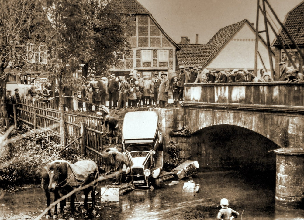 Horses Pulling Car from River Poster Print showcasing teamwork and nature's beauty.