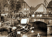 Horses Pulling Car from River Poster Print showcasing teamwork and nature's beauty.