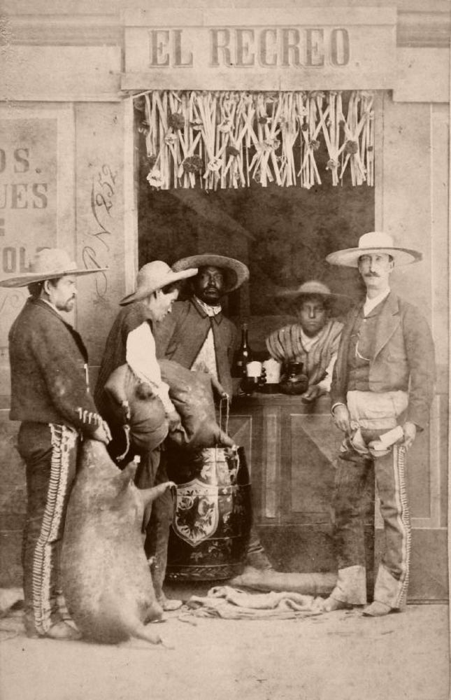 Mexican Bar with Patrons Poster Print showcasing a lively bar scene.