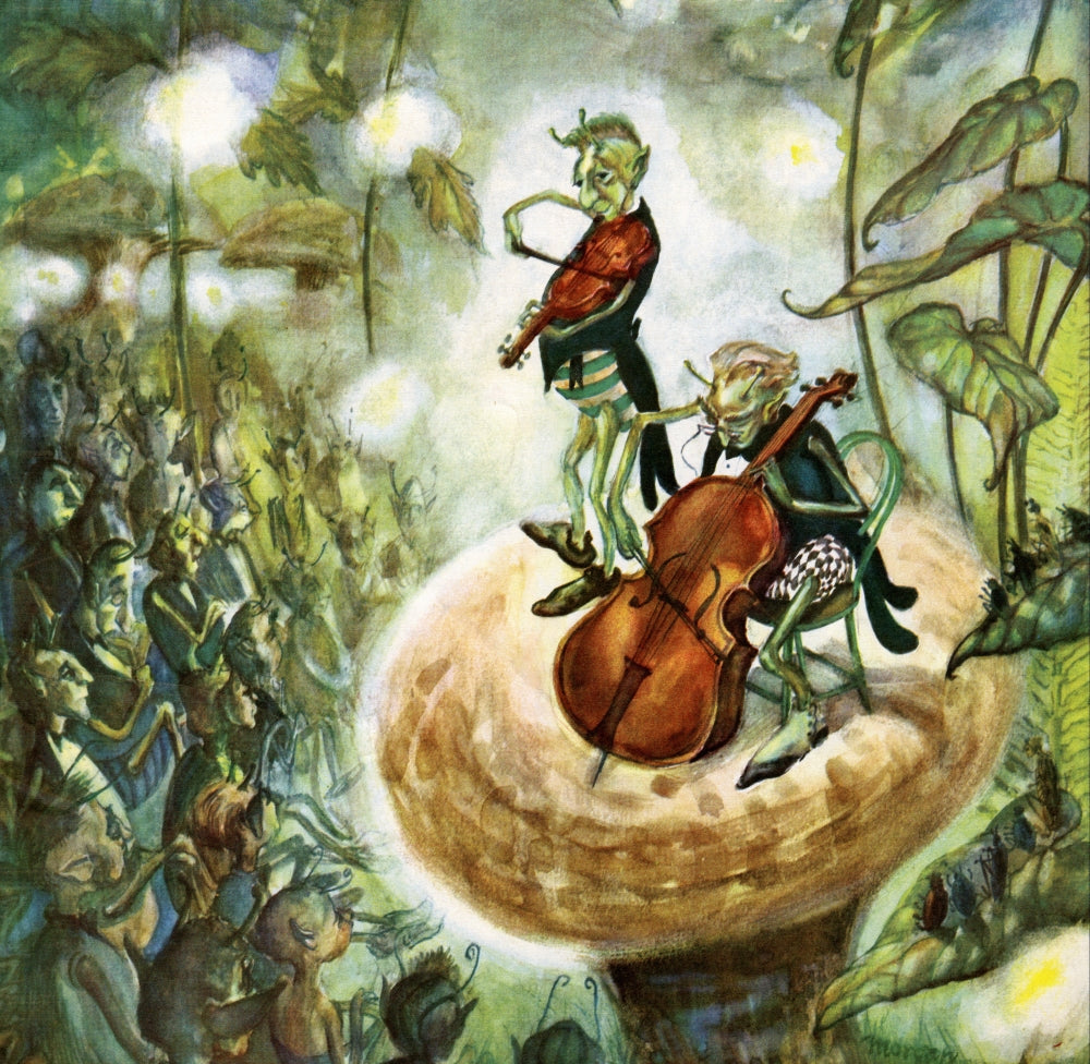 The Etude August 1945 music magazine poster print featuring grasshoppers and katydids playing musical instruments.