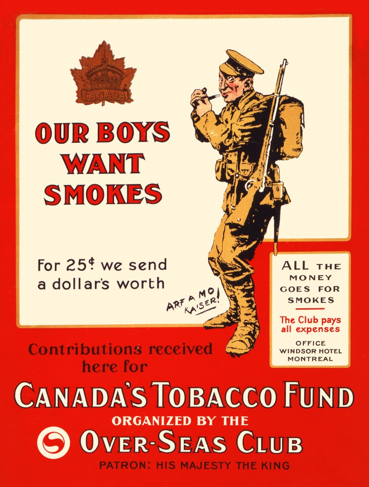 Our Boys Want Smokes Poster Print by Bert Thomas featuring a soldier lighting a pipe.