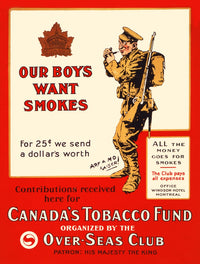 Our Boys Want Smokes Poster Print by Bert Thomas featuring a soldier lighting a pipe.