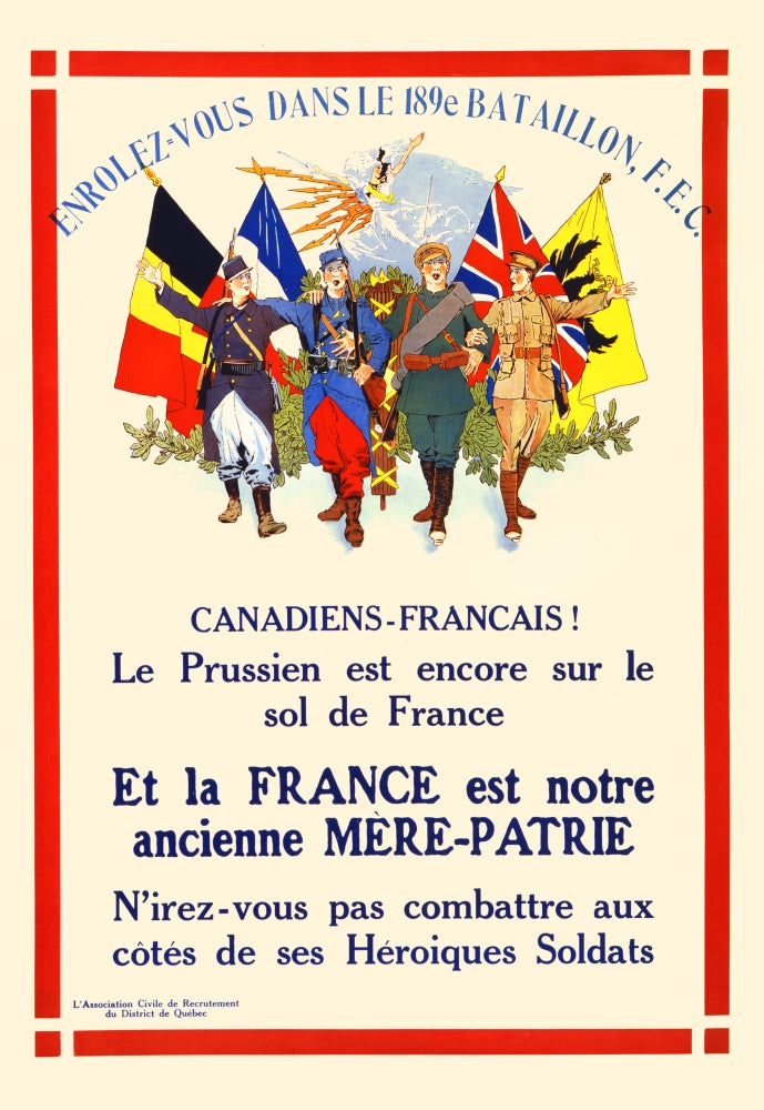 Canadiens-Francais! World War I Recruitment Poster showing soldiers under Allied flags.
