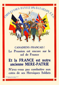 Canadiens-Francais! World War I Recruitment Poster showing soldiers under Allied flags.