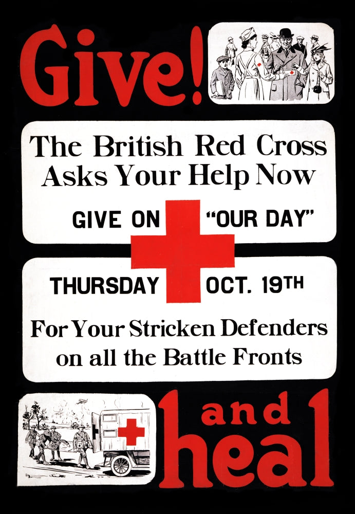 Red Cross Activities Poster Print showcasing historical humanitarian scenes.