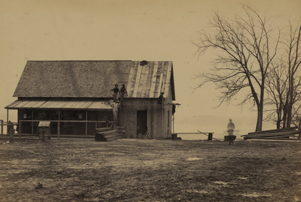 Workers Constructing a Wood Building Poster Print showcasing craftsmanship and dedication.