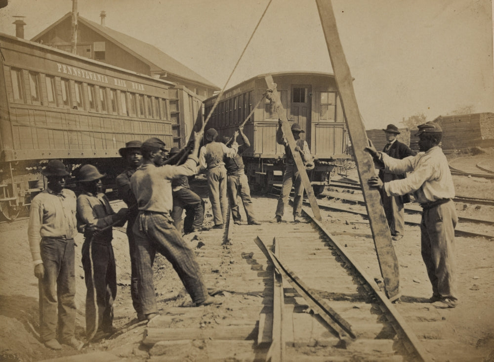 Military Railroad Operations in Northern Virginia Poster Print showing soldiers loosening railroad tracks