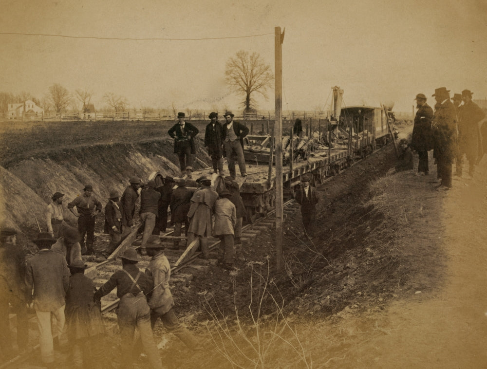 Wrecking Train and Gang Clearing Wreck Poster Print showcasing industrial machinery.