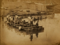 Military construction poster print featuring raft of blanket boats on the Potomac River.