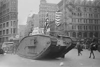 British tank parade poster print featuring American flag on Fifth Avenue, New York.