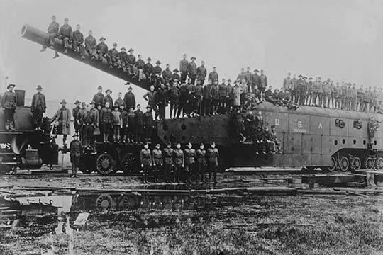 World War I artillery unit on railway train with a large gun poster print.