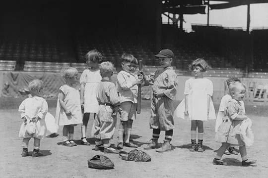 Poster print of toddlers on a baseball field selecting teams.