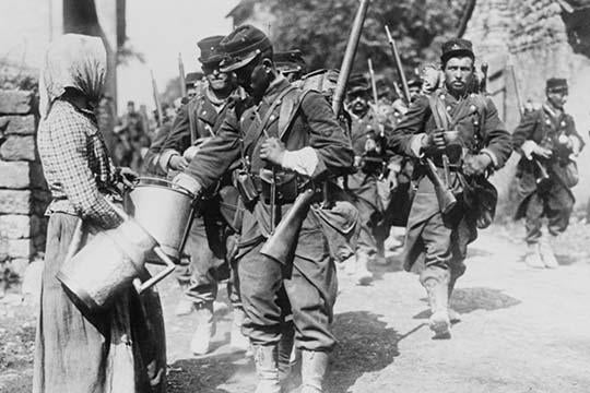 Peasant Woman Provides Water to Passing French Troops Poster Print