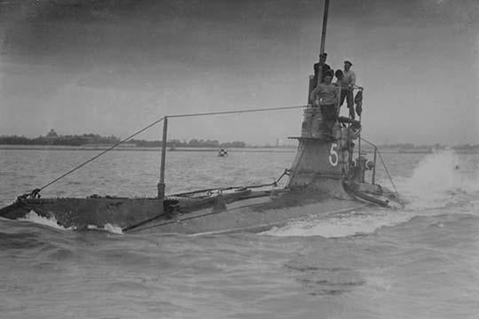Royal Navy British Submarine Poster Print with Navy Men on Conning Tower