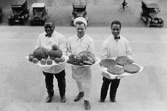 Thanksgiving Chefs Poster Print with pies, apples, and turkey.