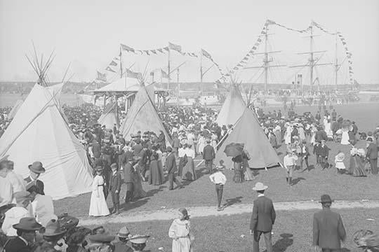 Saint Mary's Canal Celebration Poster Print showcasing a reviewing stand and Indian village.
