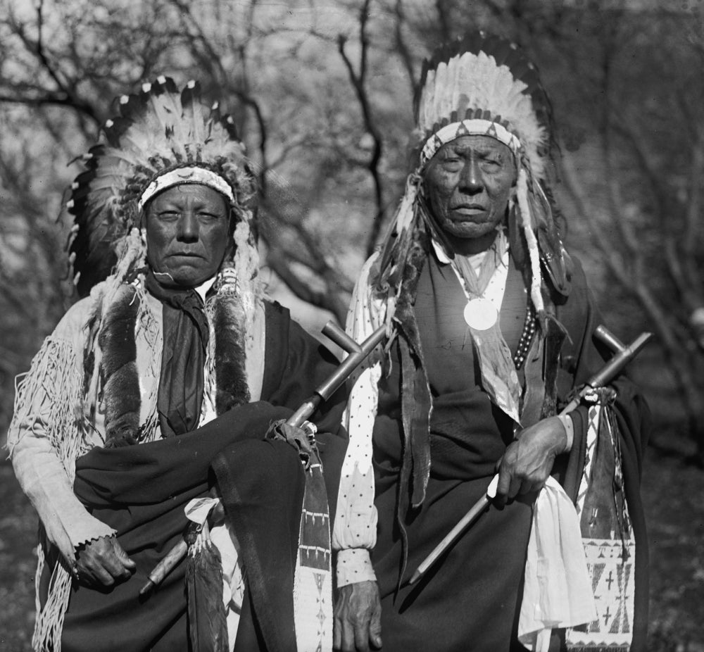 Two Cheyenne Chiefs in Feathered War Bonnets Poster Print