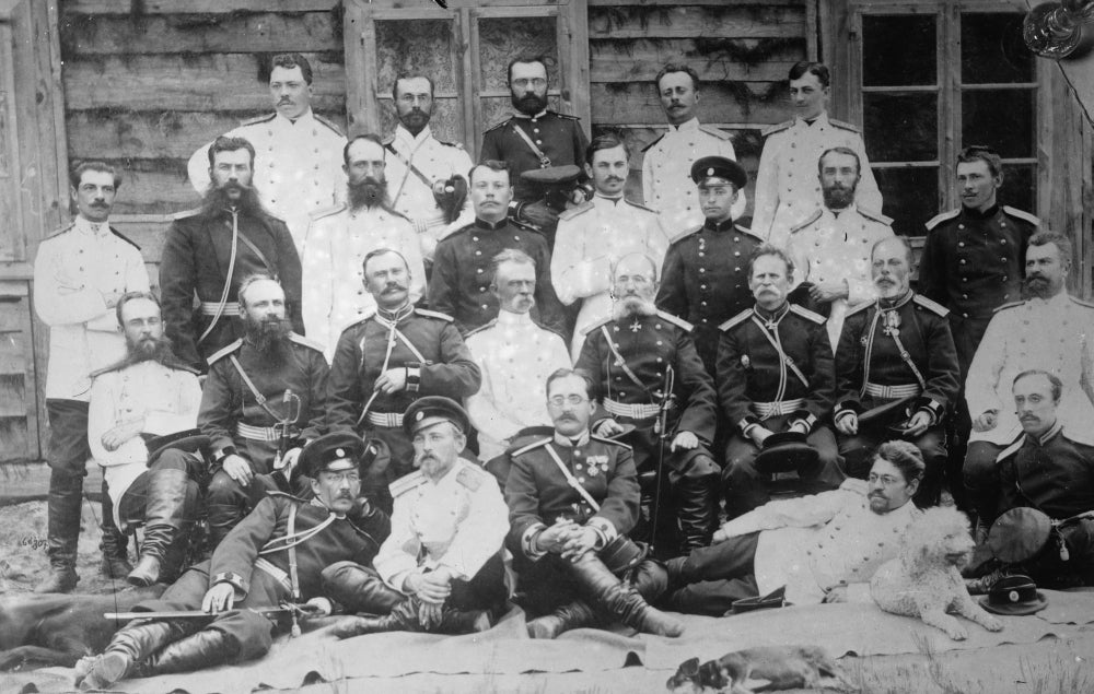 Tsarist Russian Officers Poster Print in front of Wooden Building