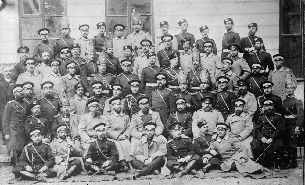 Tsarist Russian Officers Poster Print featuring military officers in front of a wooden building.