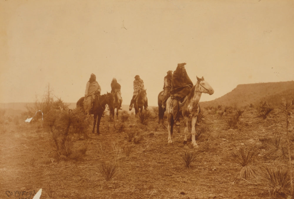 Five Native Americans on horseback in desert landscape poster print.
