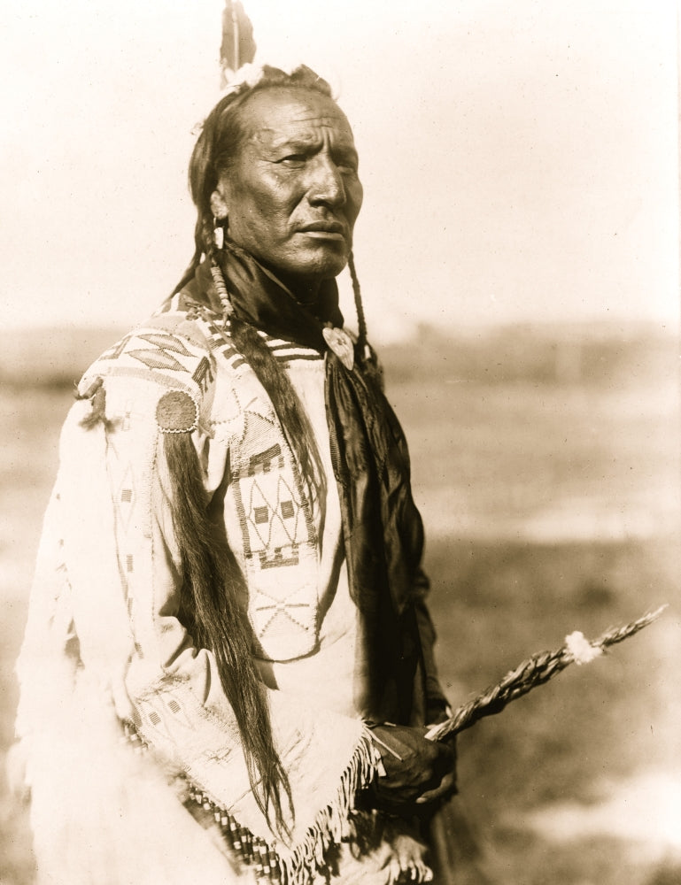 Big Mouth Spring Native American portrait print with braids and feather.
